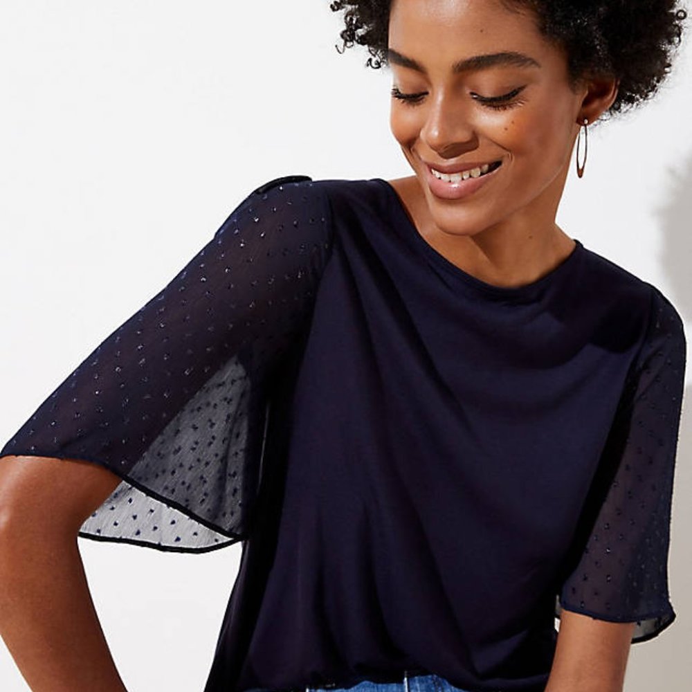 LOFT NWT Shimmer Dot‎ Flare Sleeve Mixed Media Top
